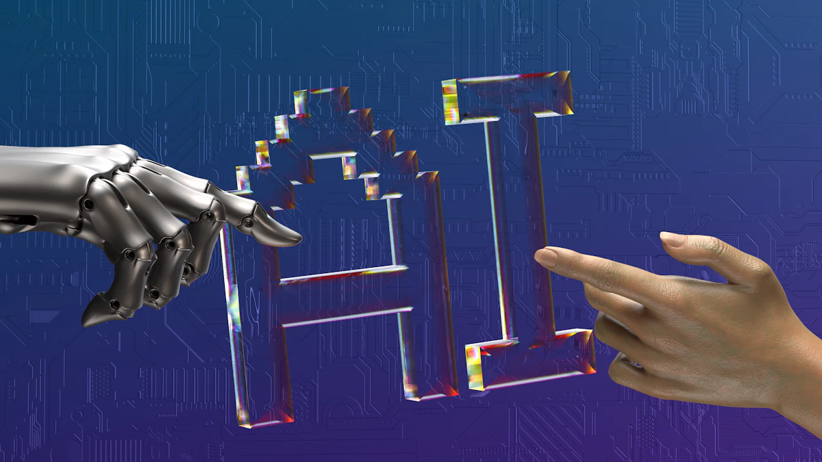 Manos robóticas y humanas extendidas hacia un texto sobre inteligencia artificial