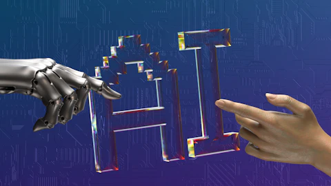 Manos robóticas y humanas extendidas hacia un texto sobre inteligencia artificial