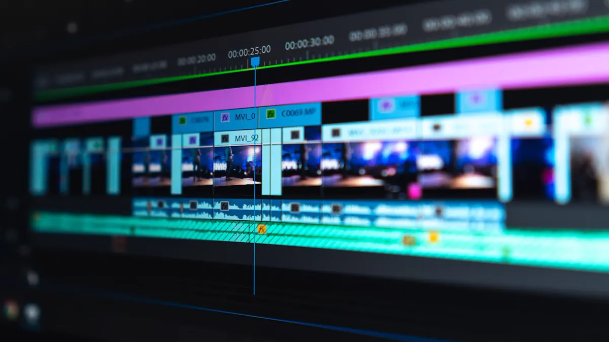 Editor trabajando frente a monitores con una línea de tiempo de video