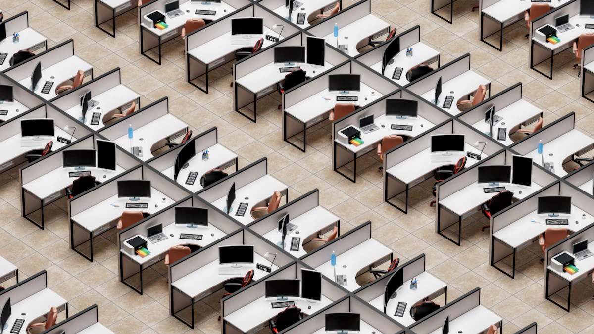 Sala de trabajo con varios escritorios y computadoras